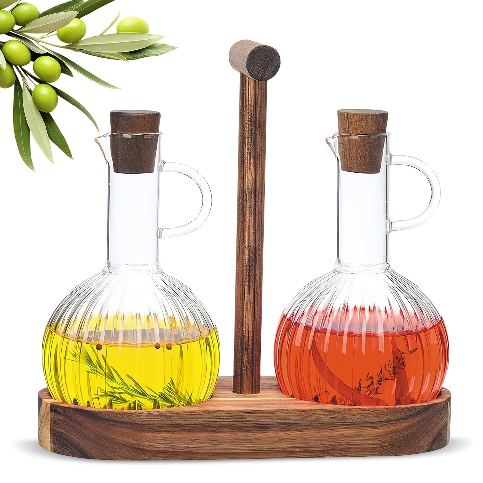 HARLIANGXY Set di Bottiglie per Aceto e Olio con Supporti in Legno, 2 x 300ML Dispenser Antigoccia, Erogatore di Aceto, Bottiglia di Olio d'Oliva in Vetro, Contenitore per Olio da Cucina, Flacone