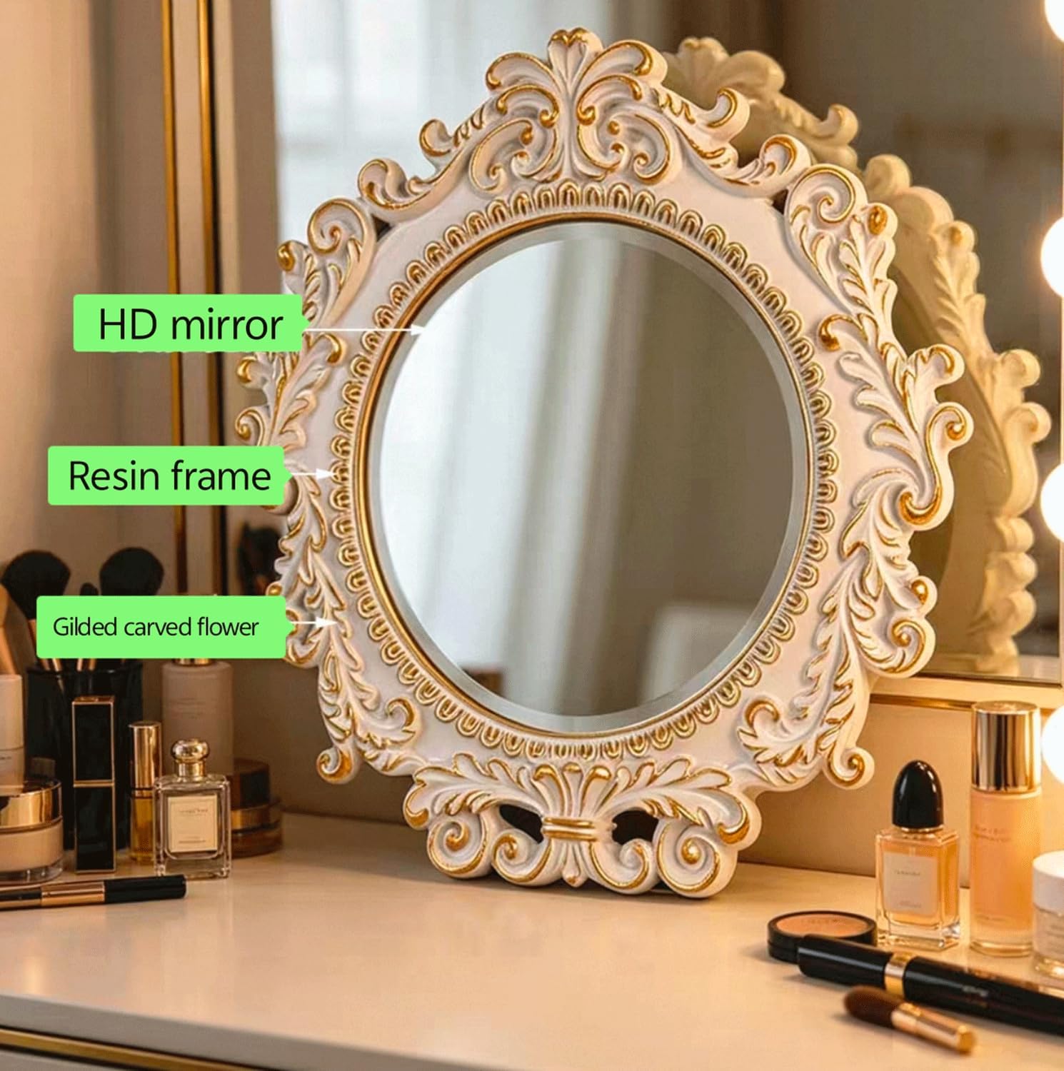 Makeup Mirror Embossed Antique Oval Table Mirrors with Stand image 4