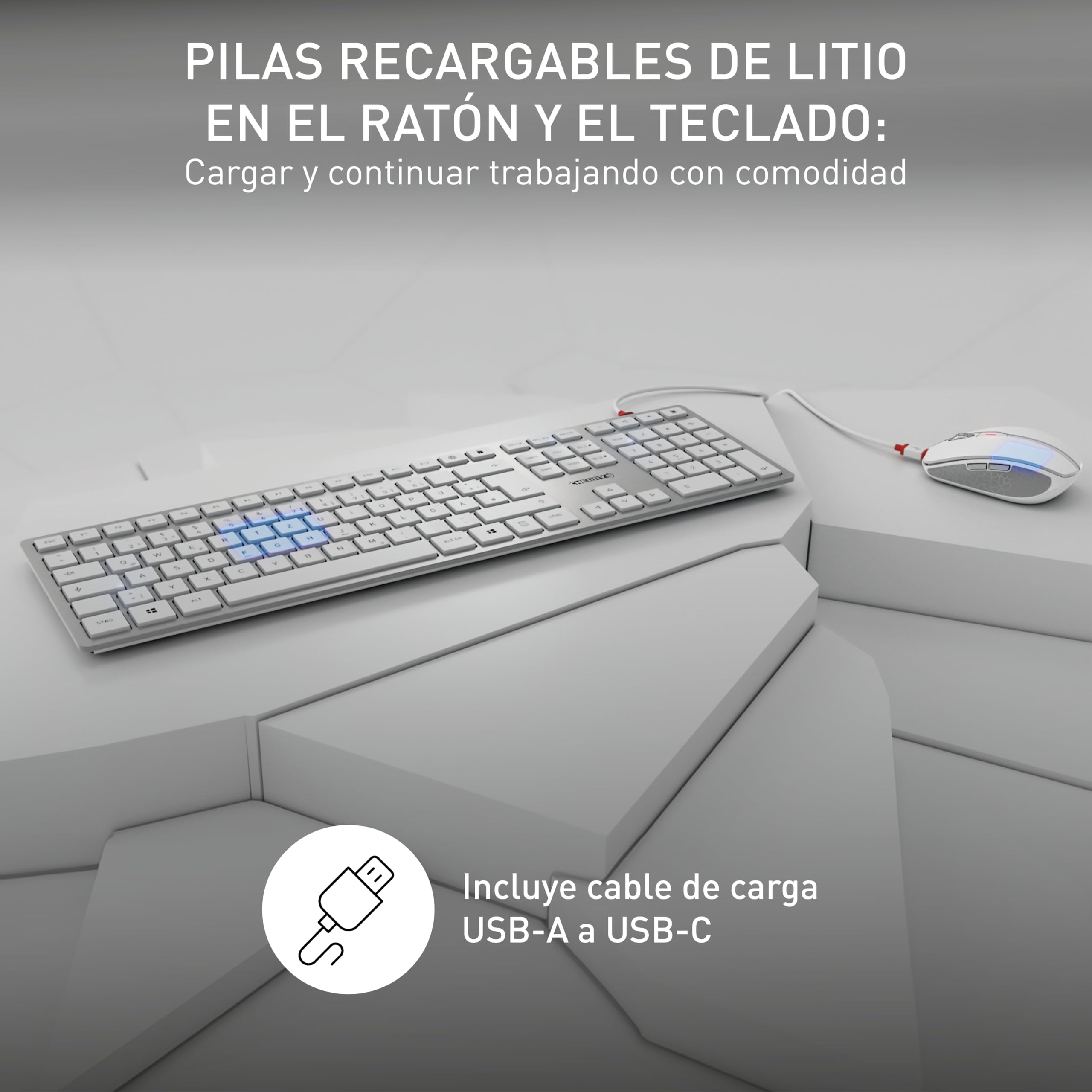 CHERRY DW 9100 SLIM, Pack de Teclado y Ratón Inalámbricos, Distribución de Teclado Alemán (QWERTZ), Bluetooth y Radiofrecuencia de 2,4 GHz, Teclas Silenciosas, Recargable, Blanco/Plateado