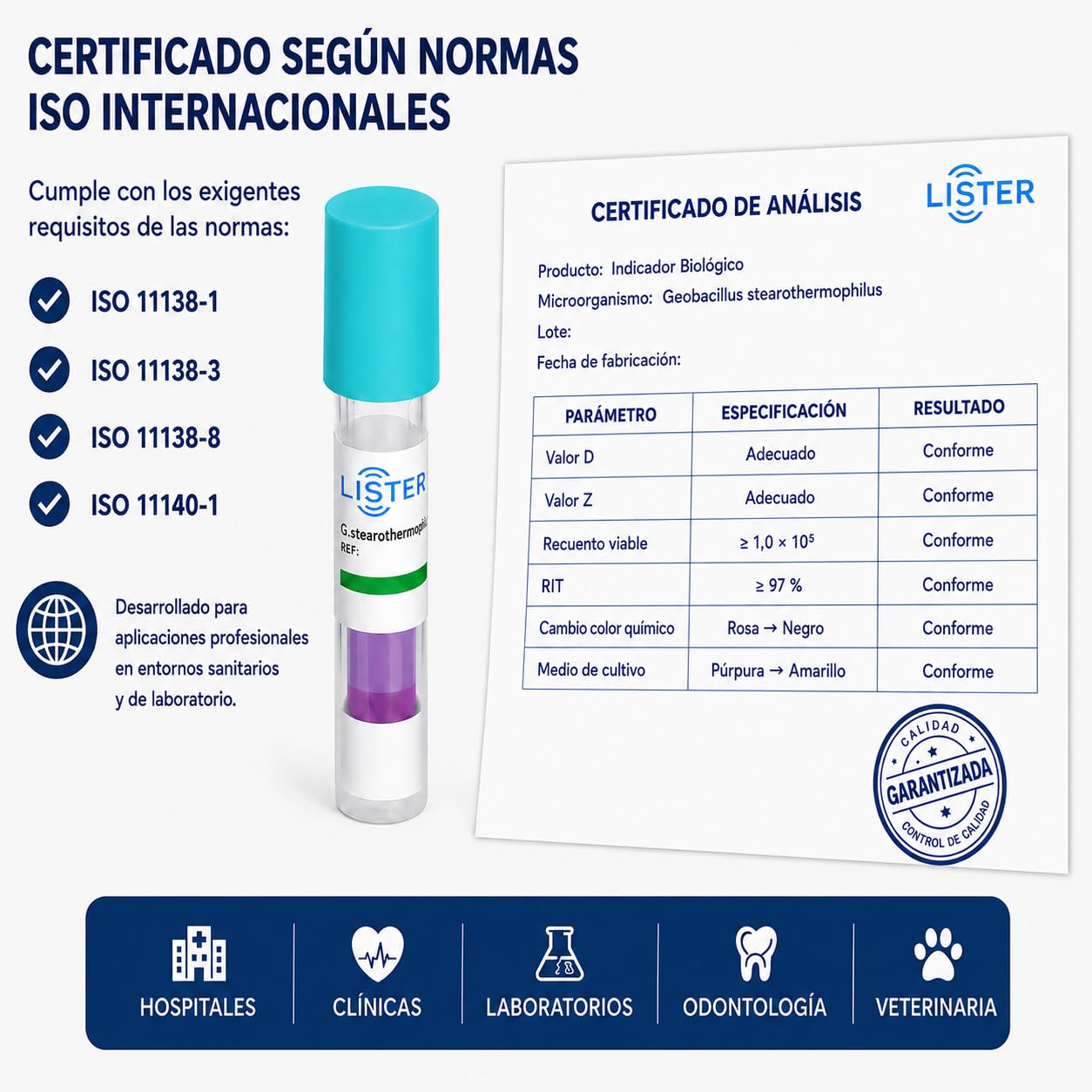 IPO IMPORT ODONTOLOGY - Indicador Biológico LBS144 para Esterilización por Vapor 25Pcs - Autoclave 121-135 °C - Geobacillus Stearothermophilus ATCC 7953 - Resultado en 24 h - Control ISO 11138.