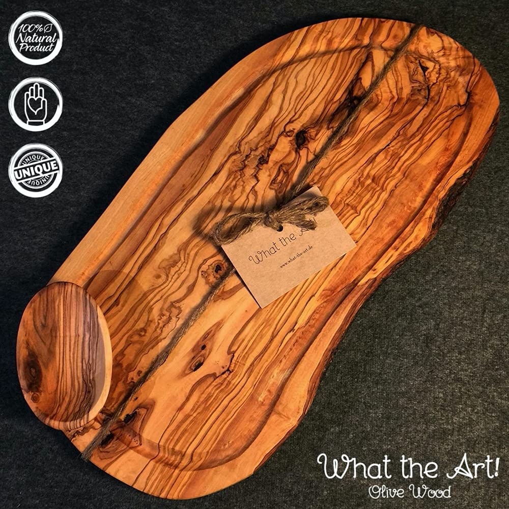 What the Art!® Olive Wood «Rustic» Gr. XXL | Olivenholz Schneidebrett + Dip-Schälchen | Handarbeit | ca. 43-45 x 17-23 x 2 cm | Käsebrett - Hackbrett - Tranchierbrett - Servierbrett