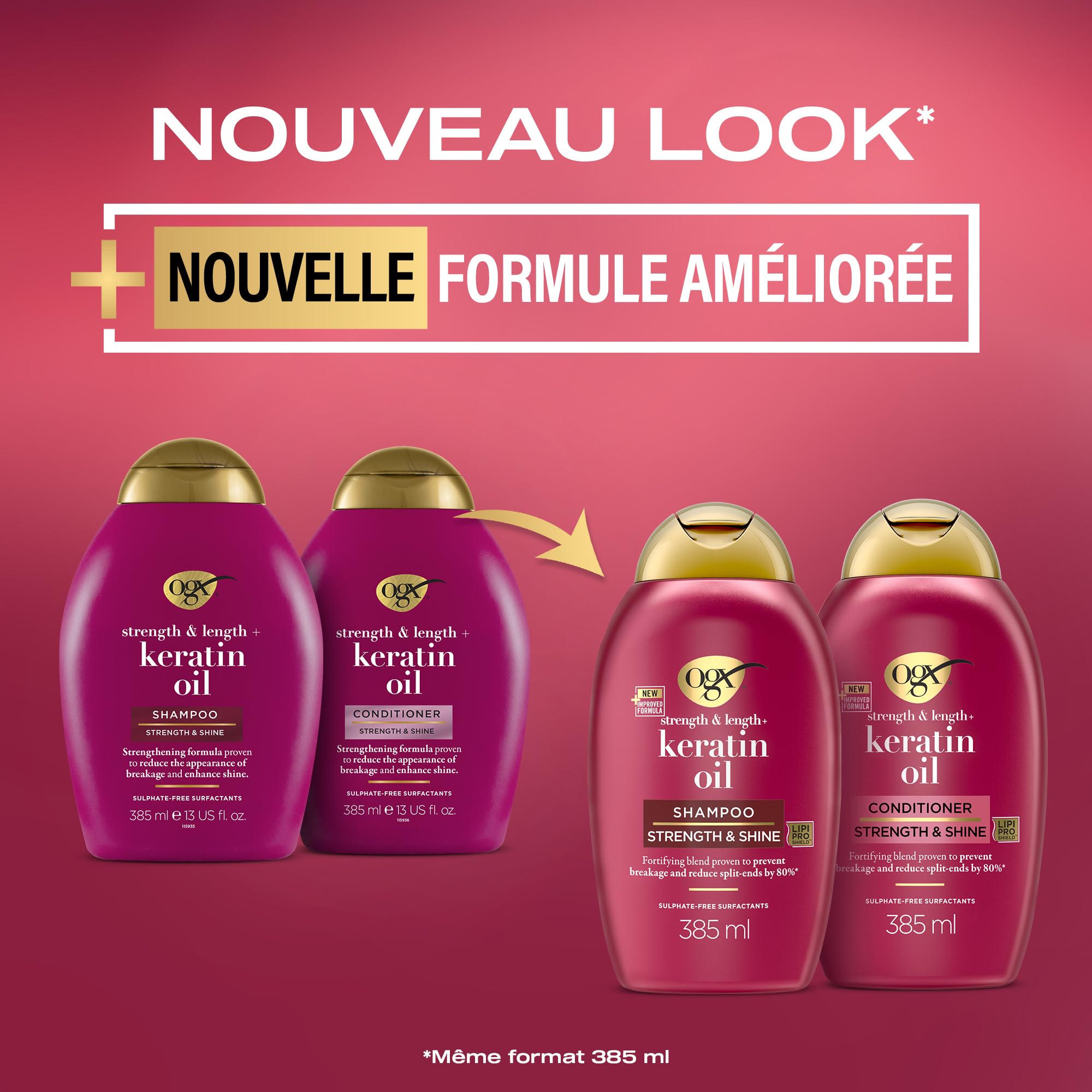 OGX, Après-Shampooing Keratin Oil (flacon de 385 ml) – Soin capillaire fortifiant pour cheveux cassants – Après-shampooing revitalisant à l'huile de kératine