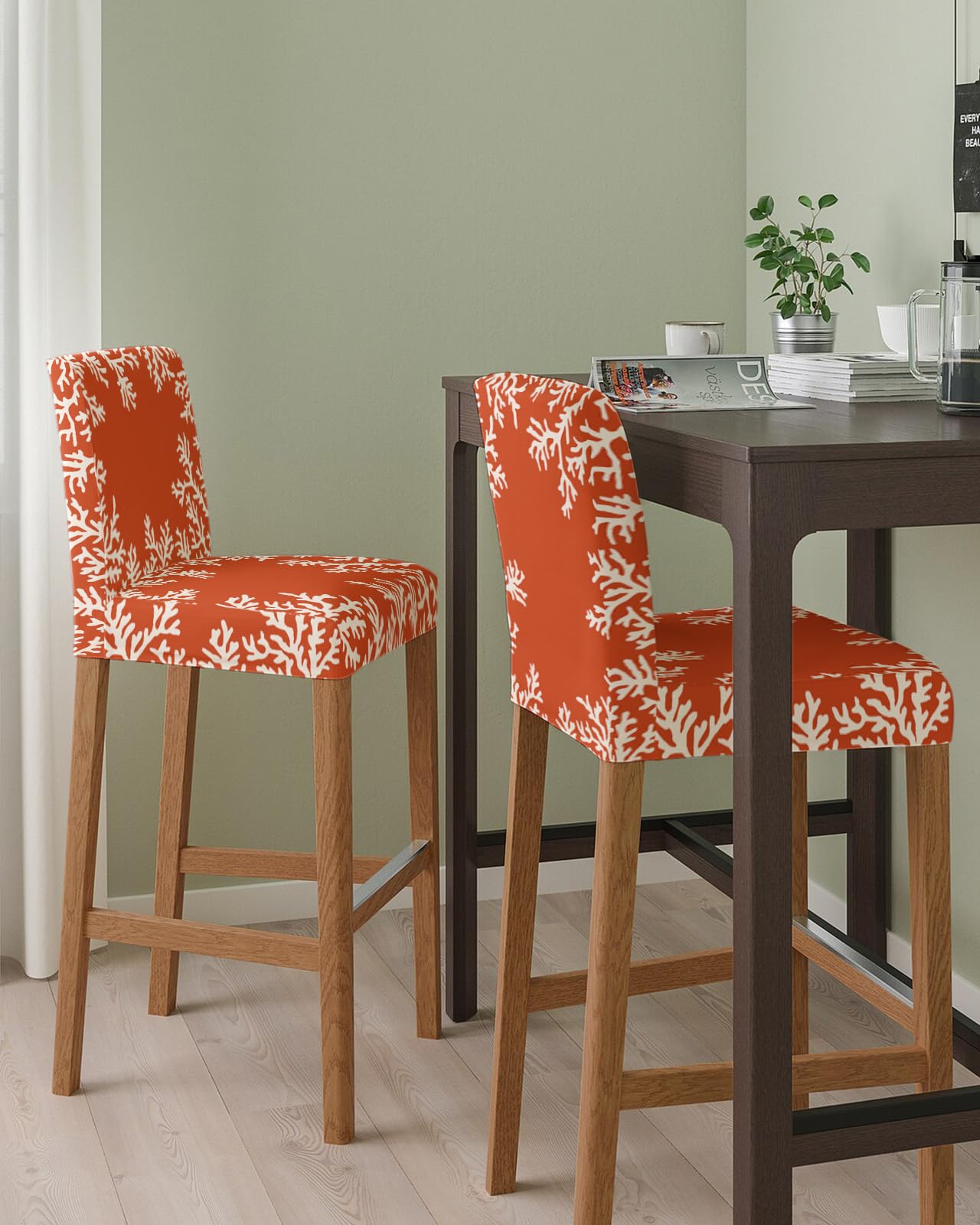 PIEPLE Orange Coral Bar Stool Cover Set of 2, Summer Beach Nautical Seaside Coastal Stretch Removable Bar Stool Chair Covers with Backs Pub Counter Stool Chair Slipcover for Dining Room Cafe
