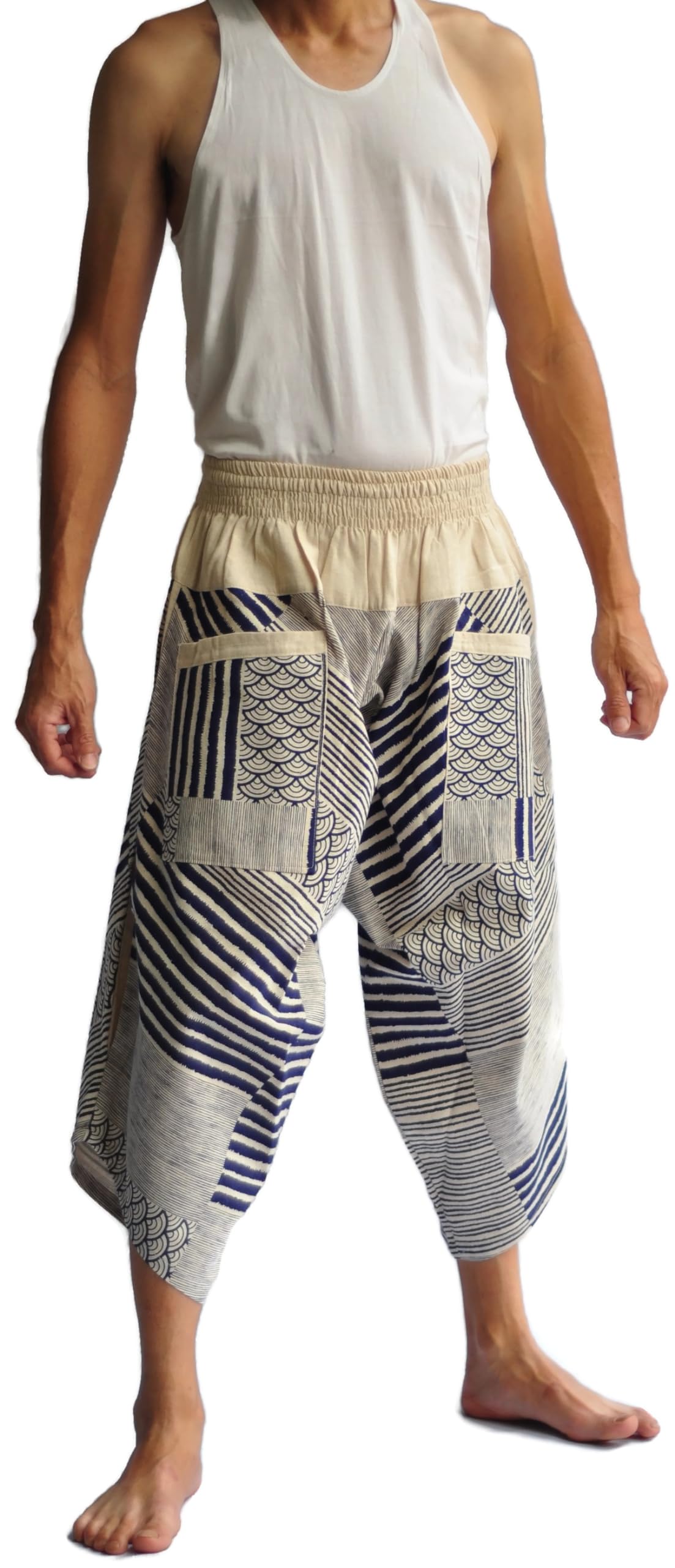Siam Trendy Samurai Pants Harem Pants Men's Japanese Style Pants One Size White with Leaf Design Wave Blue Printed