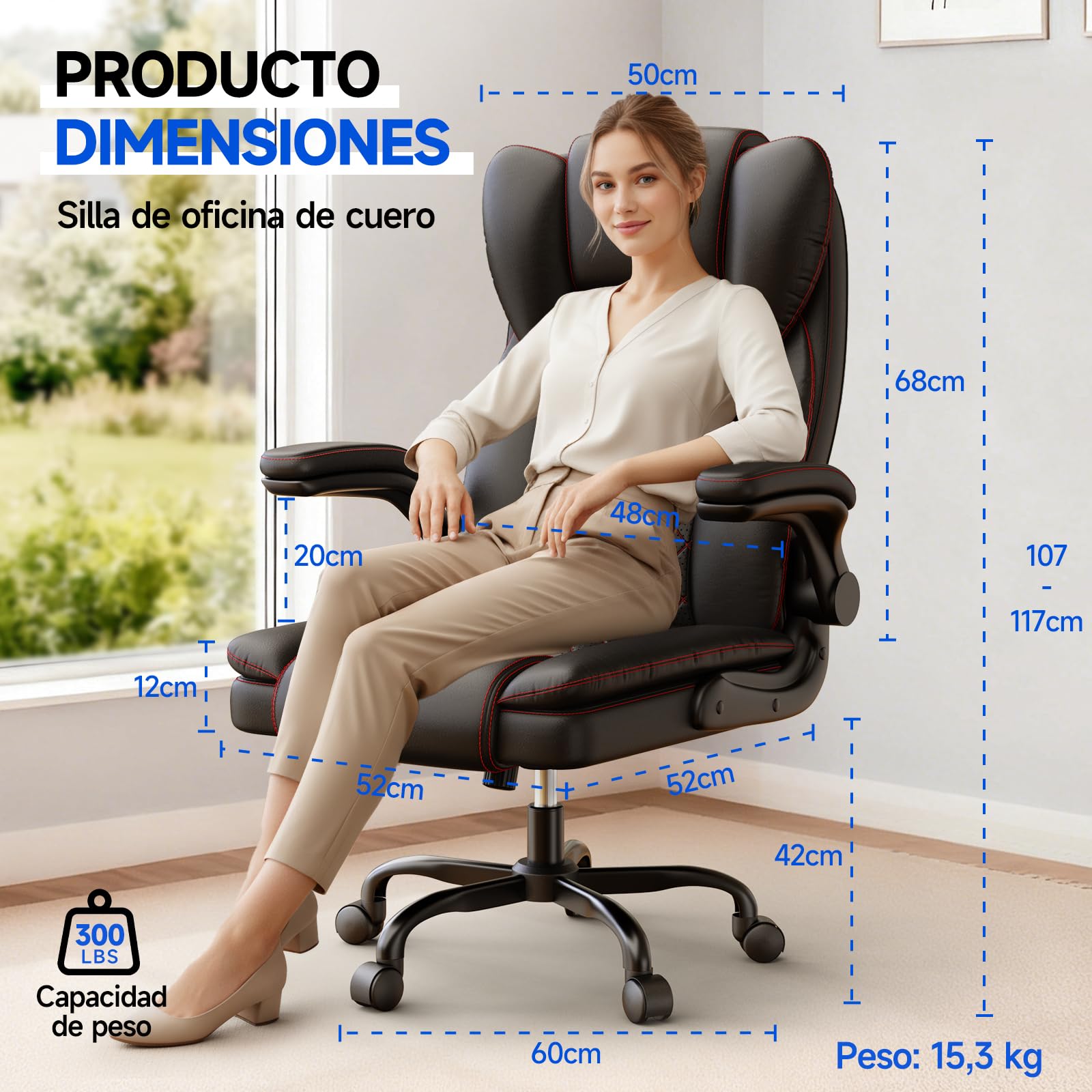 rattantree Silla de Oficina, Sillas de Escritorio Ergonómica con Reposabrazos Abatibles de 90°, Ruedas Giratorias, Tapizado de Cuero y Altura Ajustable, Adecuada para Uso en La Oficina y Hogar, Negro
