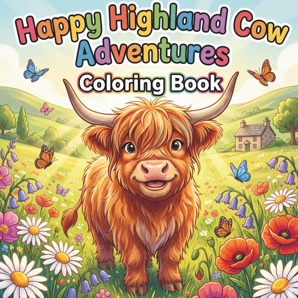 Happy Highland Cow Adventures Coloring Book: Adorable Highland Cow Coloring Pages for All Ages Featuring Cozy Farm Scenes, Cute Cows, Flowers, Hearts, and Relaxing Country Charm