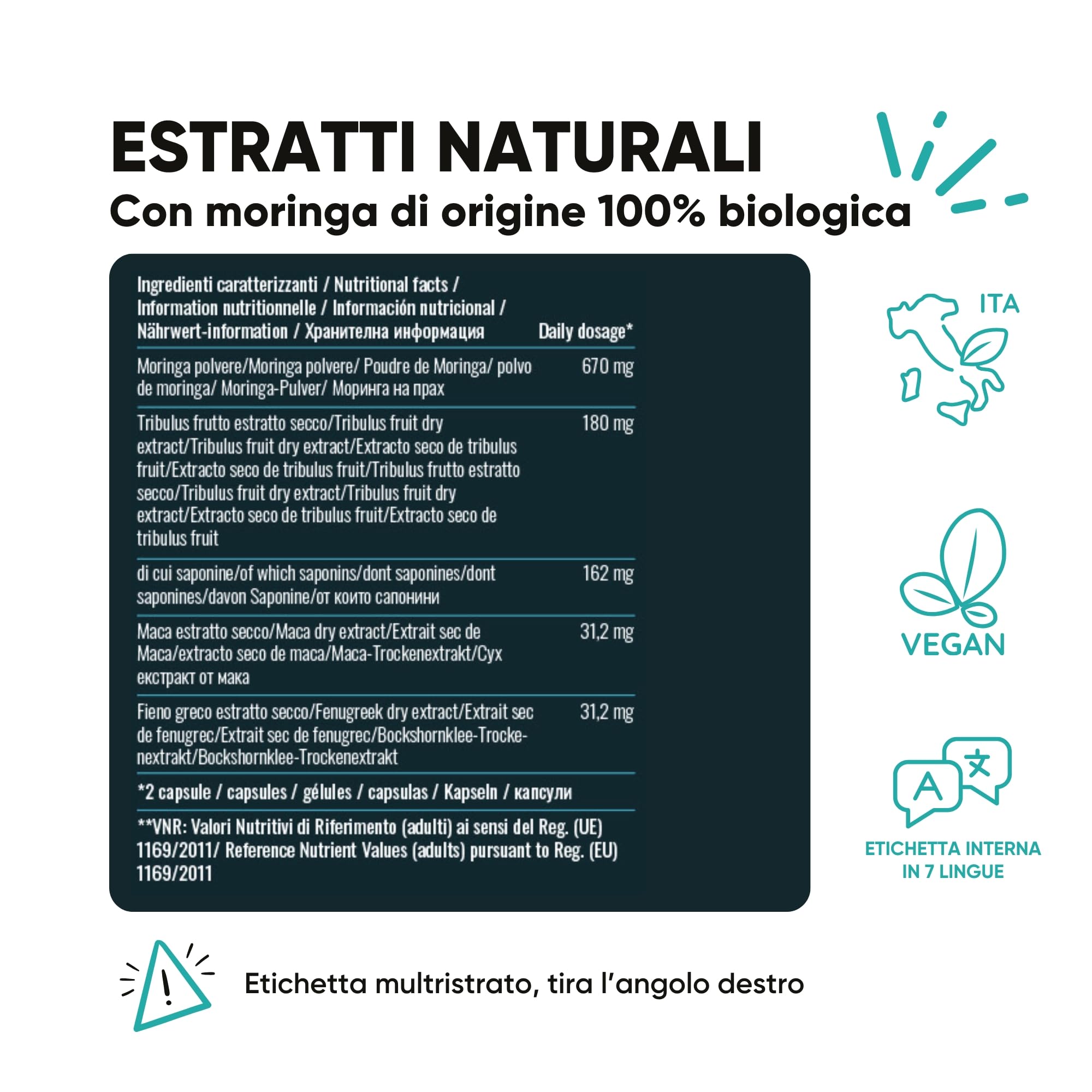 Tribulus Terrestris 90% Saponine Steroidee Maca Fieno Greco | Integratore Energia Booster Moringa BIO | Sostegno Massa Muscolare | Tribulus Alto Dosaggio | 100% Naturale | RedMoringa® (60 Capsule)
