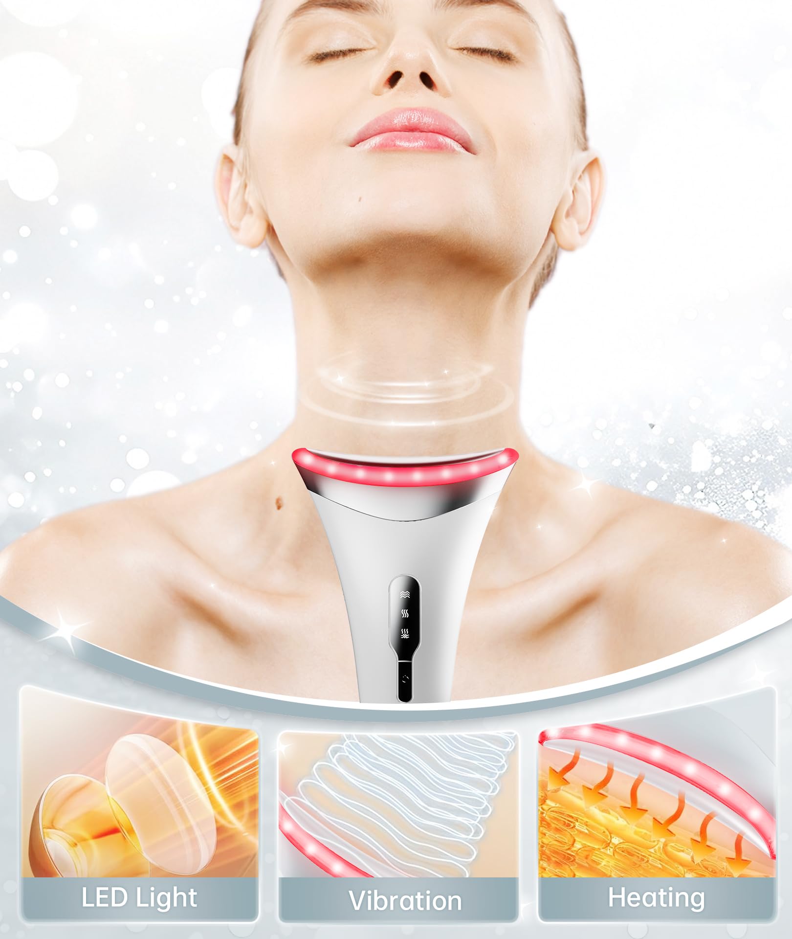 Dopsikn Rotlichttherapie für Gesicht und Hals, 7 Farben, Gesichtsmassagegerät mit einstellbarer Vibration und Thermik für Falten, Doppelkinn, tragbares Hautpflegewerkzeug mit Basis, Weiß
