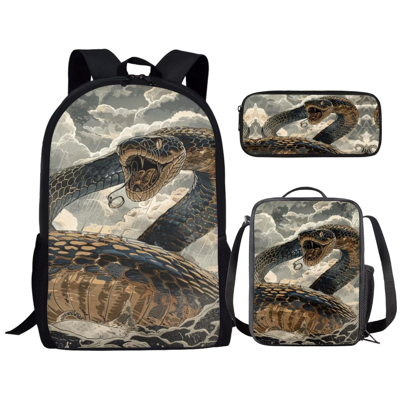Parprinty17 Inch Animal Print School Backpack And Lunch Box Set for Kids Lightweight Cool Snake Backpack for Boys Girls Sturdy School Bag with Insulated Lunchbox Pencil Case Student Bookbag