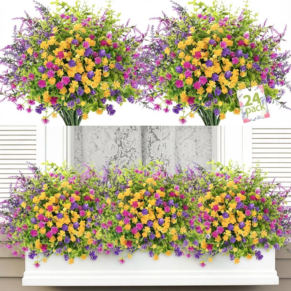 ATTGREAT Artificial Spring Flowers Outdoors UV Resistant Fake Greenery Plants Realistic Plastic Flowers Outside Faux Silk Wildflowers for Home Planter Porch Garden Decor, 24 Bundles (Multicolor)