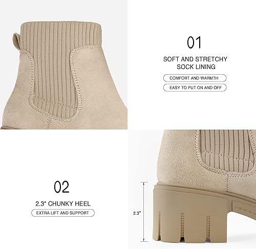 Miniatura 4 de JABASIC Botas de tobillo gruesas para mujer, botas Chelsea elásticas