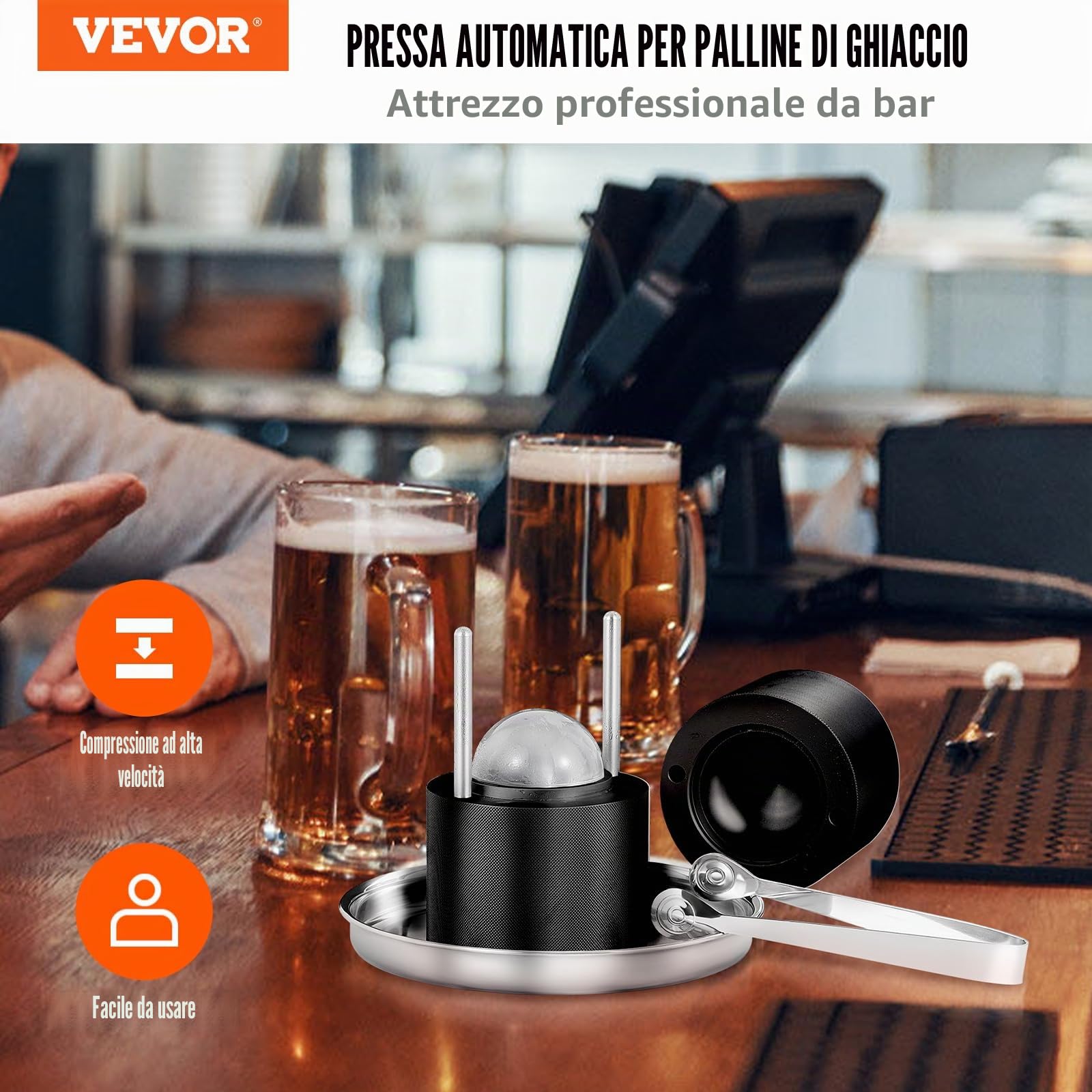 VEVOR Kit Pressa per Ghiaccio a Sfera in Alluminio Diametro 61mm, Stampo per Ghiaccio Sferico per Cocktail Whisky Cognac Bevande, Kit di Pressa per Palline di Ghiaccio da Bar in Alluminio Colore Nero