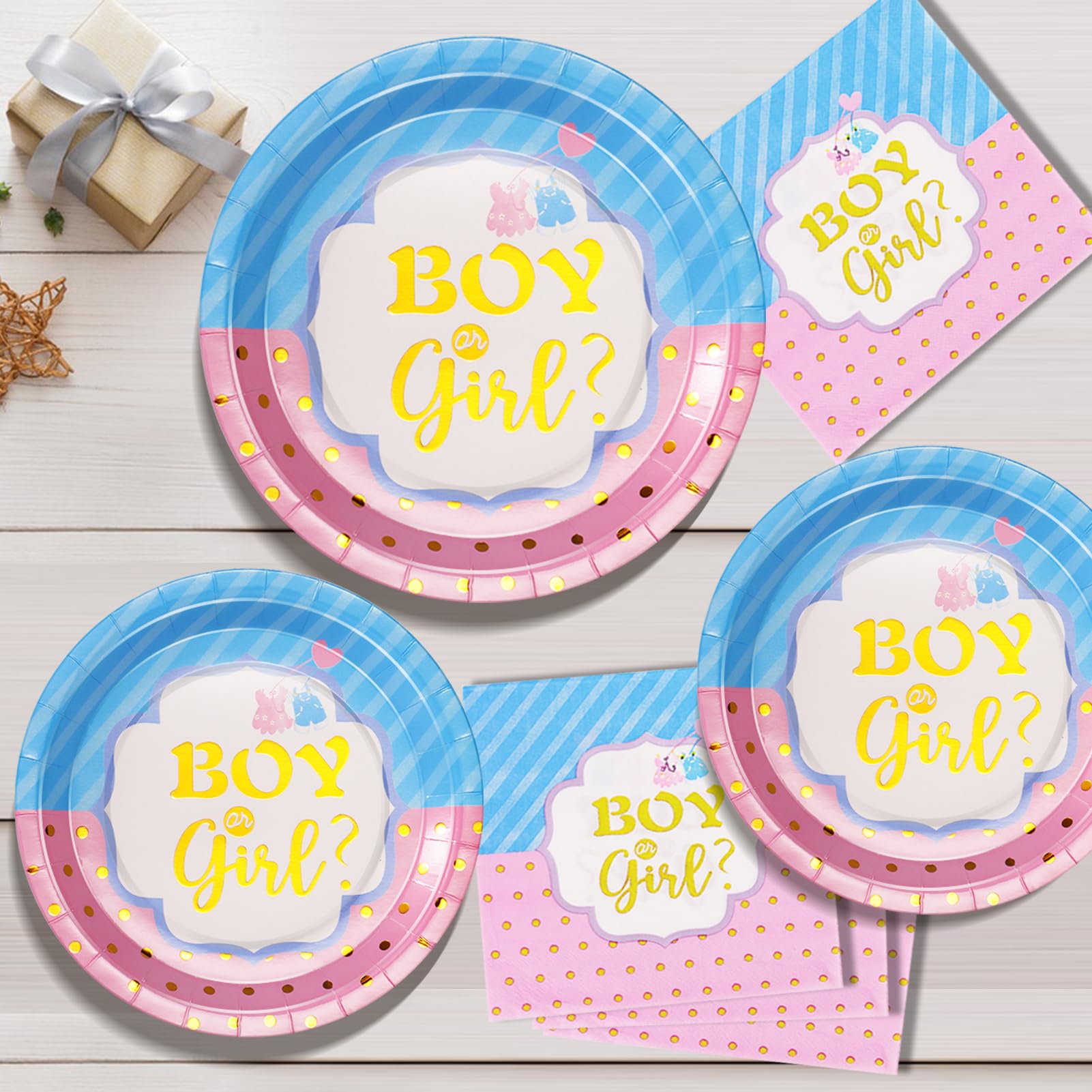Nkaiso Gender Reveal Party Piatti, 96Pezzi Blu e Rosa Baby Shower Stoviglie per Feste, Gender Reveal Supplies per Piatti Bicchieri Tovaglioli Feste Compleanno Decorazioni -24 Ospiti