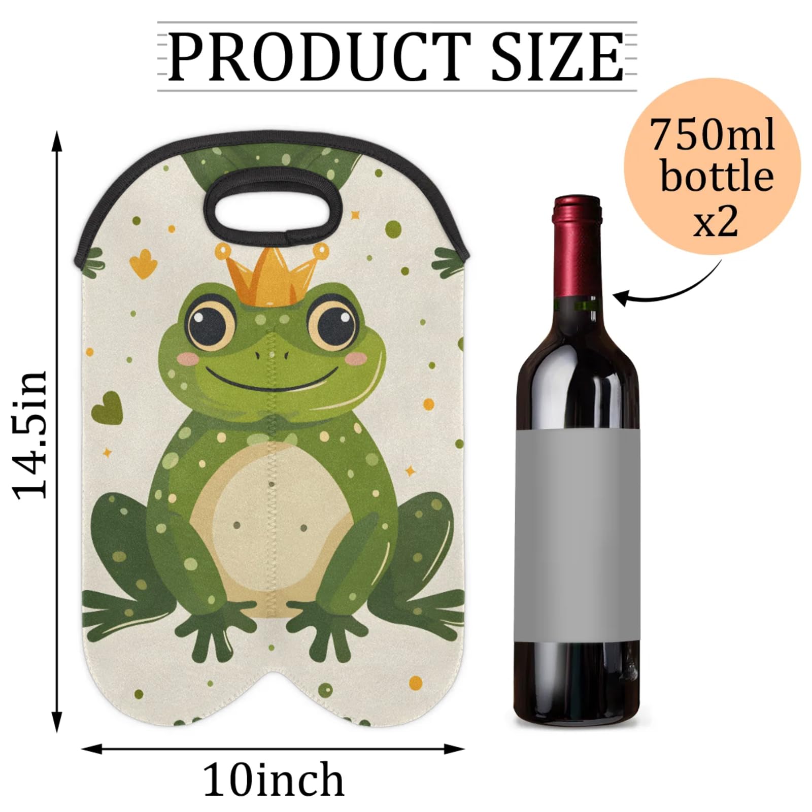 2 Bottles Green Frogs Wine Bag Sleeve Totes Neoprene Protective Wine Carrier Bag for Wine,Water, Champagne, Beer, Baby Bottles,Gift 14.5 x 10 Inches