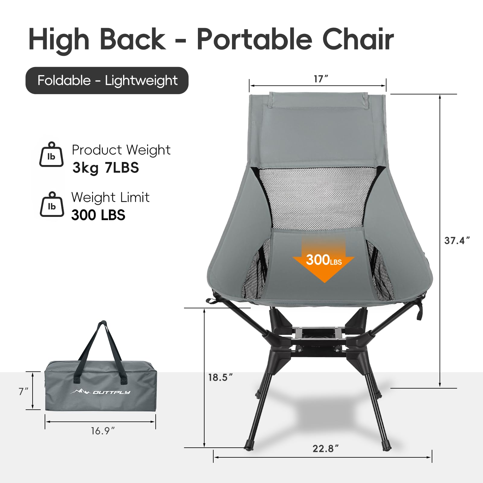 OUTTPLY Swivel Camping Chair, High Back Folding Chair with Head Support, Side Cup Pocket, Stable Portable Outdoor Chair for Camp, Travel, Beach, Party, Fishing, Hiking, Backpacking