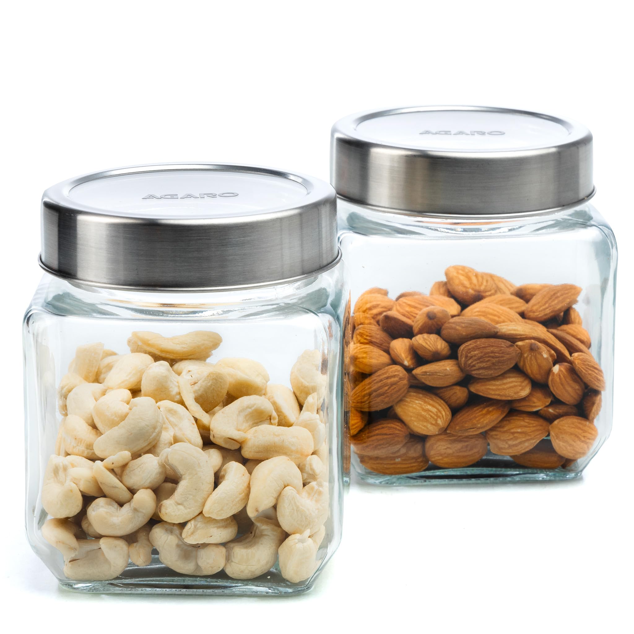 AGARO Elegant Cube Jar 580ml Tapa de Acero Contenedor de Vidrio de Almacenamiento Transparente Organizador de Cocina Multiusos Tarro Pack de 2