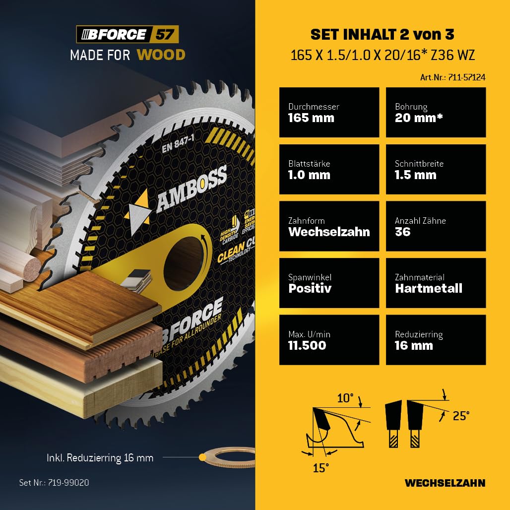Juego de hojas de sierra circular de 165 x 20 mm con batería, compatible con Bosch GKS 18v-57g, Bosch GKT 55 GCE, Makita SP6000 - AMBOSS WERKZEUGE® Juego de hojas de sierra de 165x20 mm