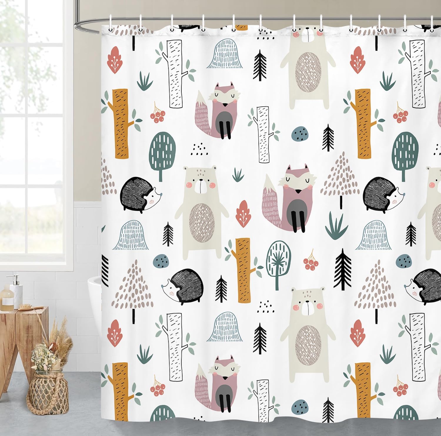 Cute Kids Shower Curtain, Bear Fox Hedgehog Animal Tree Child Boho Fabric Shower Curtain, Forest Cute Funny Cartoon Animal Cabin Bathroom Shower Curtain with 12PCS Hooks, 70X75IN