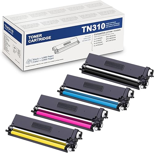 TN-310 Cartucho de tóner (4 unidades, BKCMY) de repuesto para Brother TN310BK, TN310C, TN310M, TN310Y Juego de cartuchos de tóner de 4 colores,