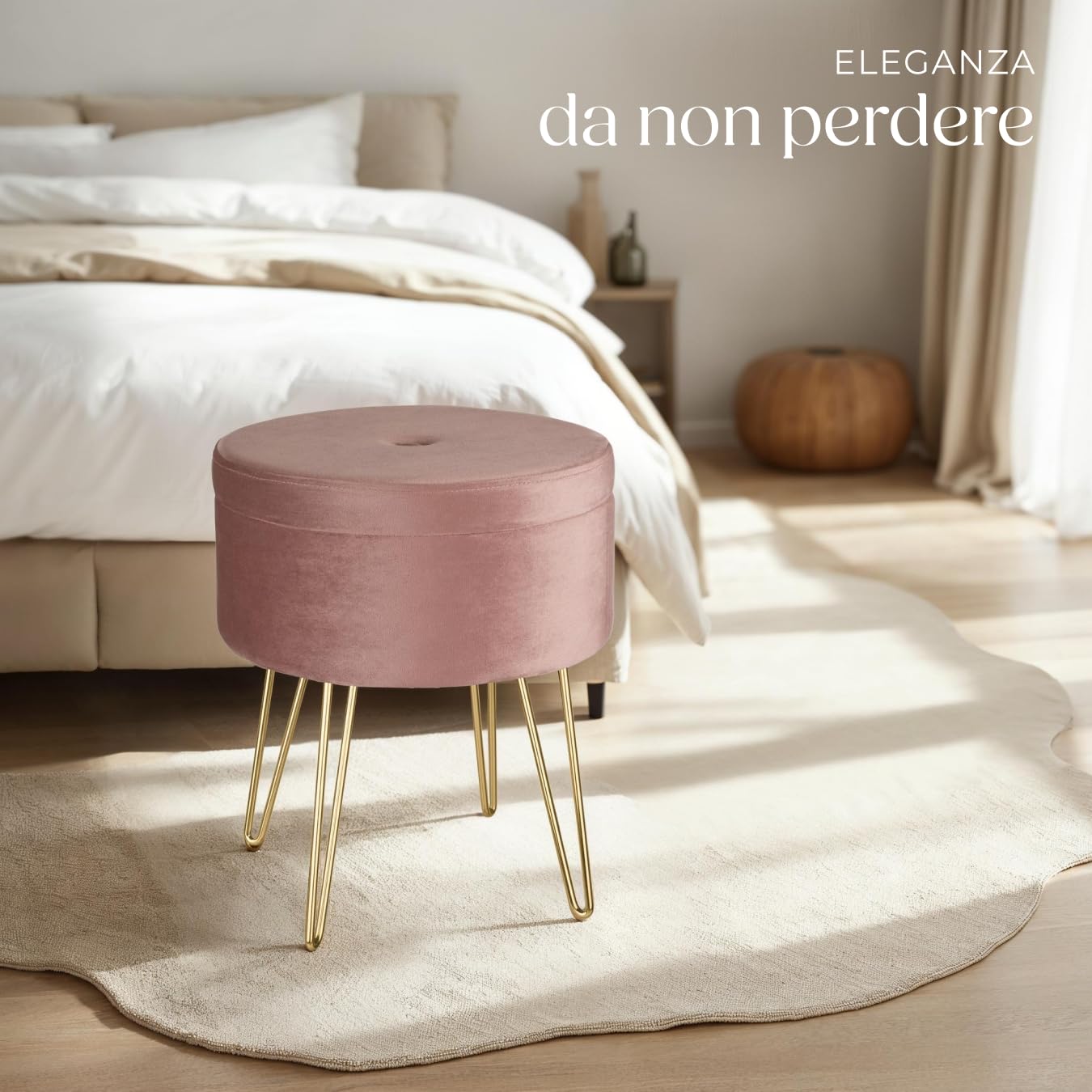 tectake® Sgabello Rotondo Vellutato, Pouf Contenitore, Effetto Velluto, Pouf Poggiapiedi, Grande Scomparto Interno, Pouf Letto, Gambe Oro Scintillanti, Capacità Massima 300 kg - Rosa
