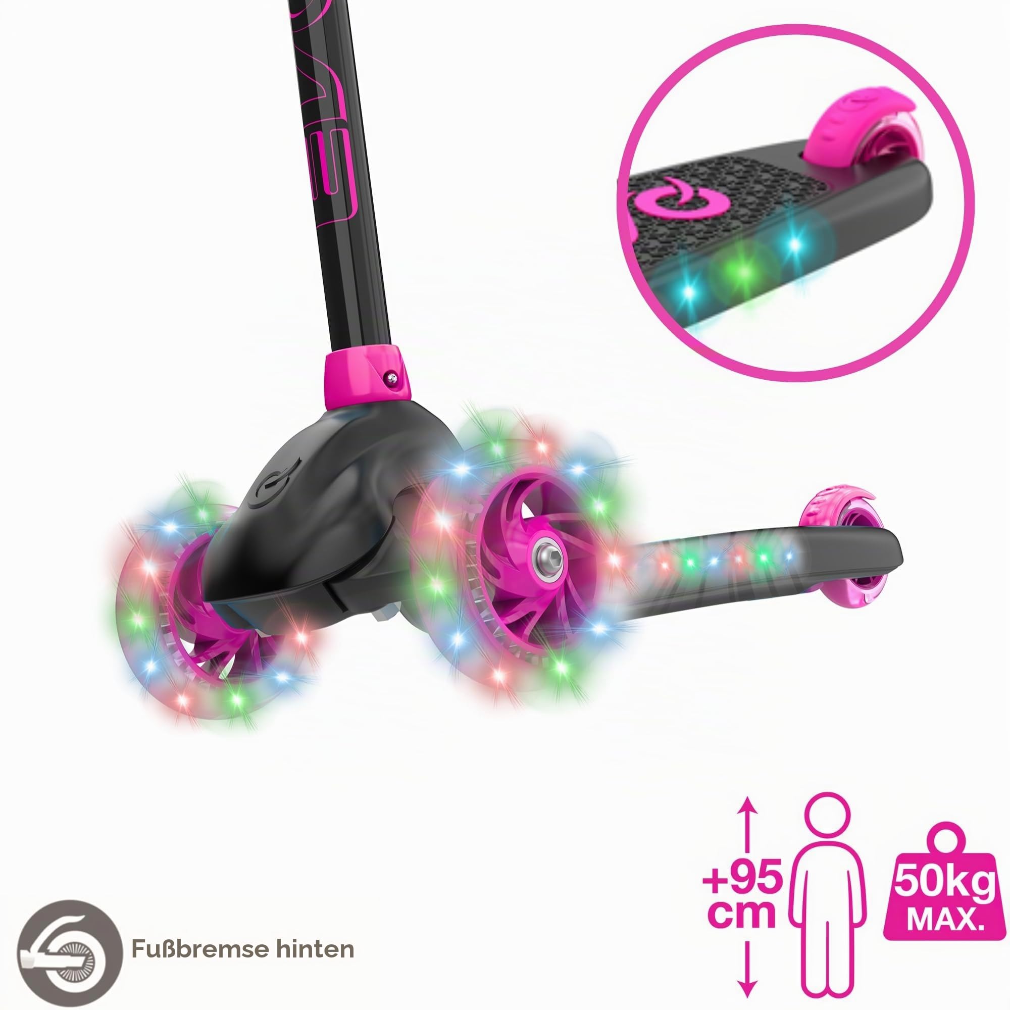 EVO Eclipse Leuchtender Tretroller mit 3 Rädern, Kinder-Scooter mit verstellbarer Griffhöhe, verstellbarer Griffhöhe für Jungen und Mädchen, Tretroller für Kinder im Alter von 3–12 Jahren