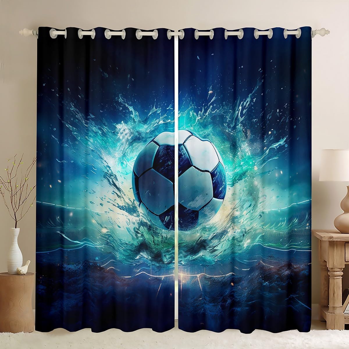 Feelyou Kids Soccer Window Drapes Sports Gaming Theme Window Curtains for Living Room for Teens Boys Girls Football Soccer Curtains Soft Blackout Curtains, 42W X 84L,2 Panels