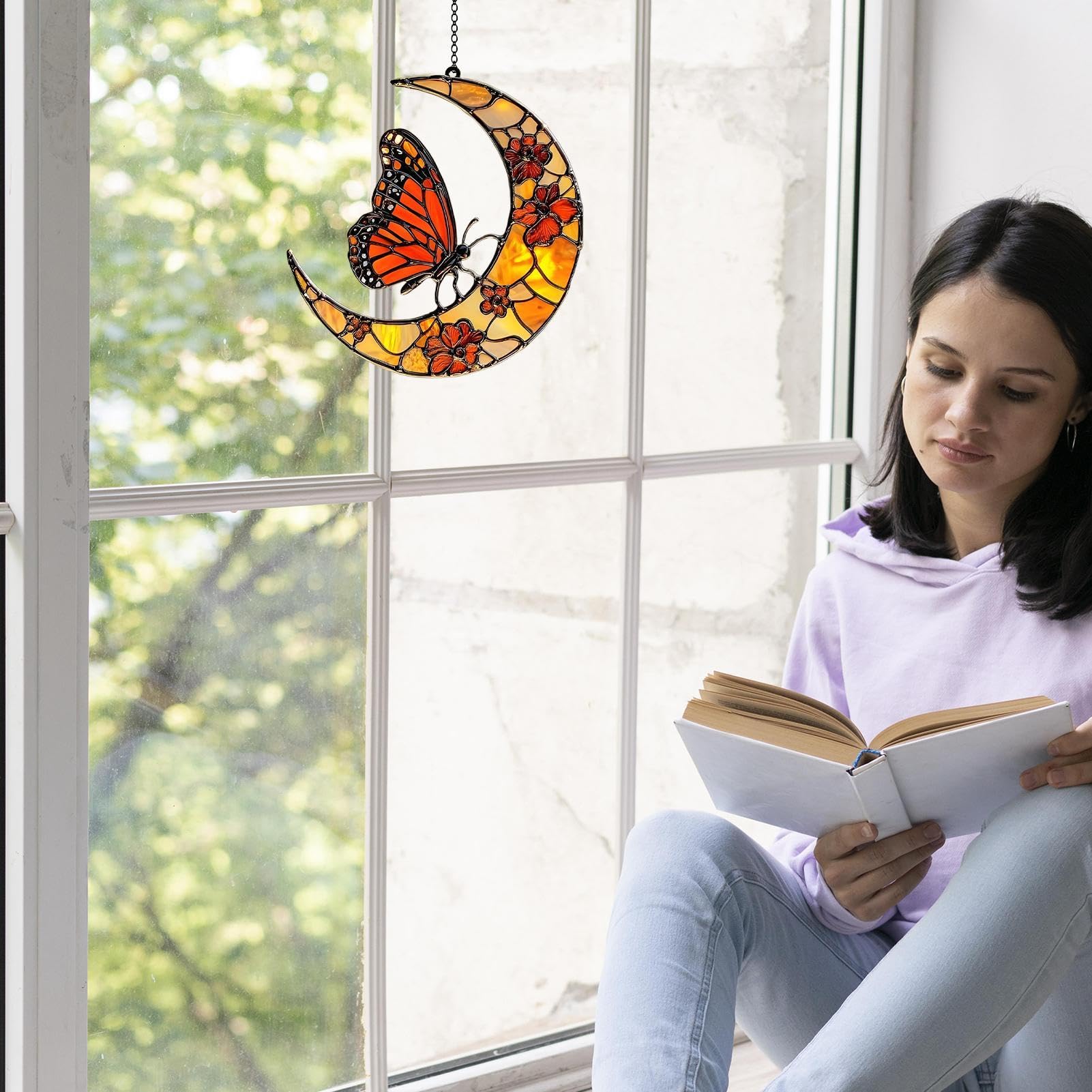 Cattador De Luna Solar, Mariposa Y Luna Solar Catcher Window Butterfly Catcher Catcher Butterfly Sun Catcher, Monarch Butterfly Y Flower Moon Ornament Para Ventana - Ornamento De Arte Acrílico Para De