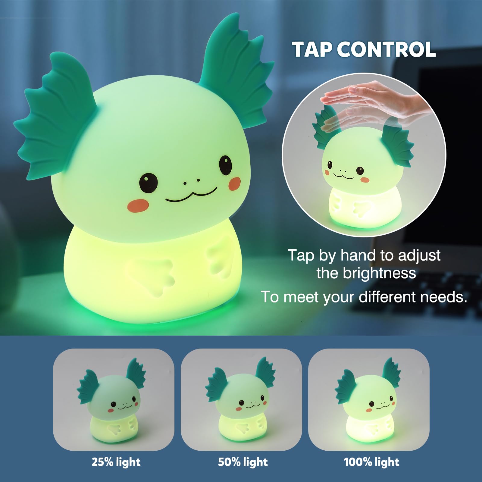 Axolotl - Luz nocturna LED regulable para el cuidado de los ojos, lámpara de noche de silicona recargable, lámpara de noche para niños, regalos para niños y niñas, decoración de sala de estar y