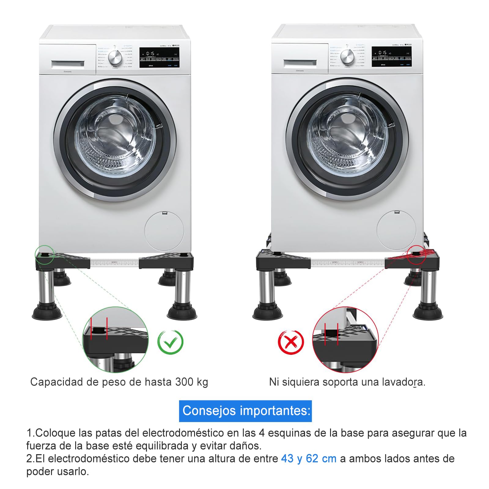 DEWEL Base para Lavadora, Base Ajustable para Lavadora para Frigorífico, Secadora y Congelador, Carga de Oso 300 kg, Ajustable 43-62 cm, 15-18 cm, Negro