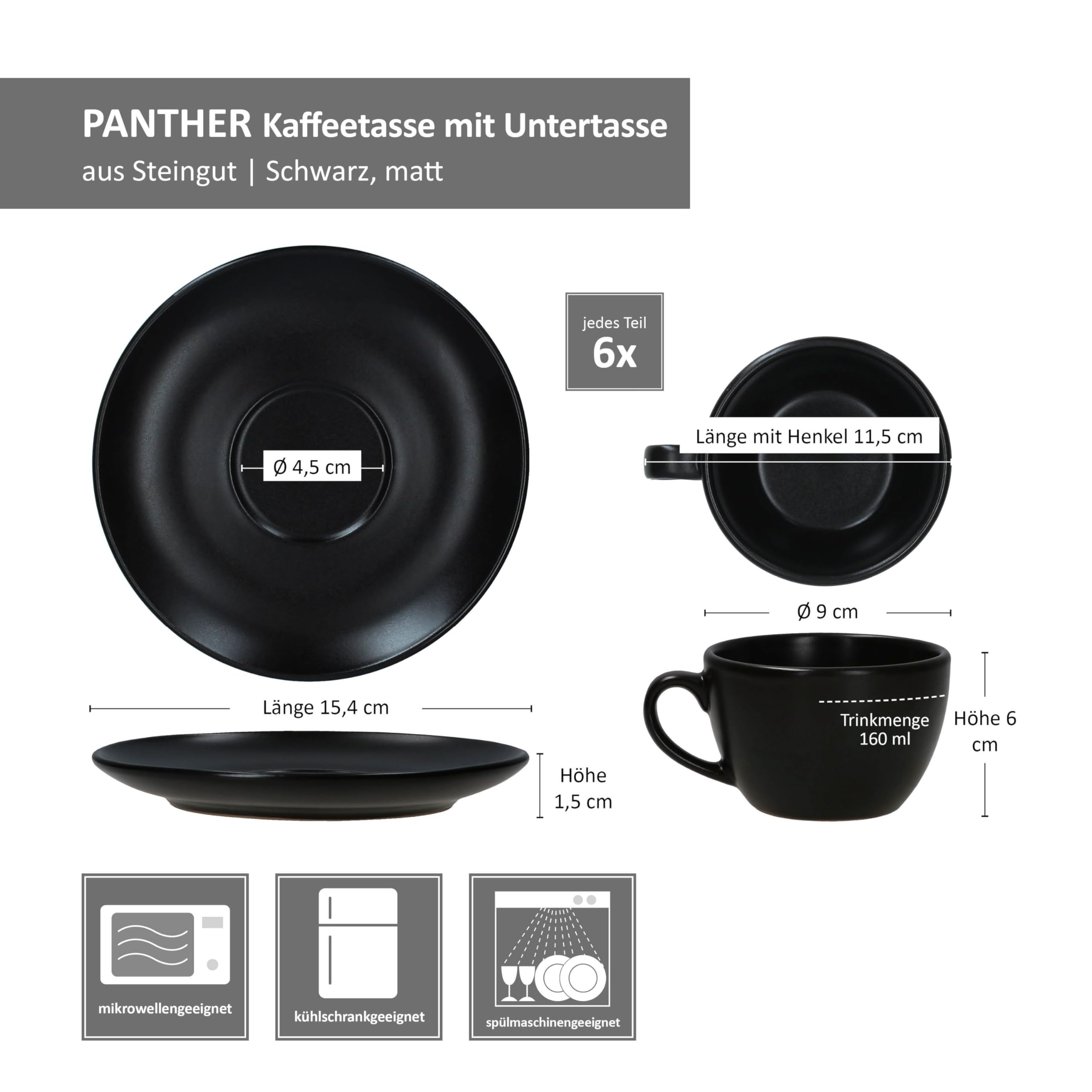 MamboCat Panther Kaffeetassen mit Untertassen schwarz für 6 Personen I Mattes Steingut-Set für Frühstück & Kaffee I Je 6X Teetassen 160ml & Untertassen I schickes Geschirr für Zuhause