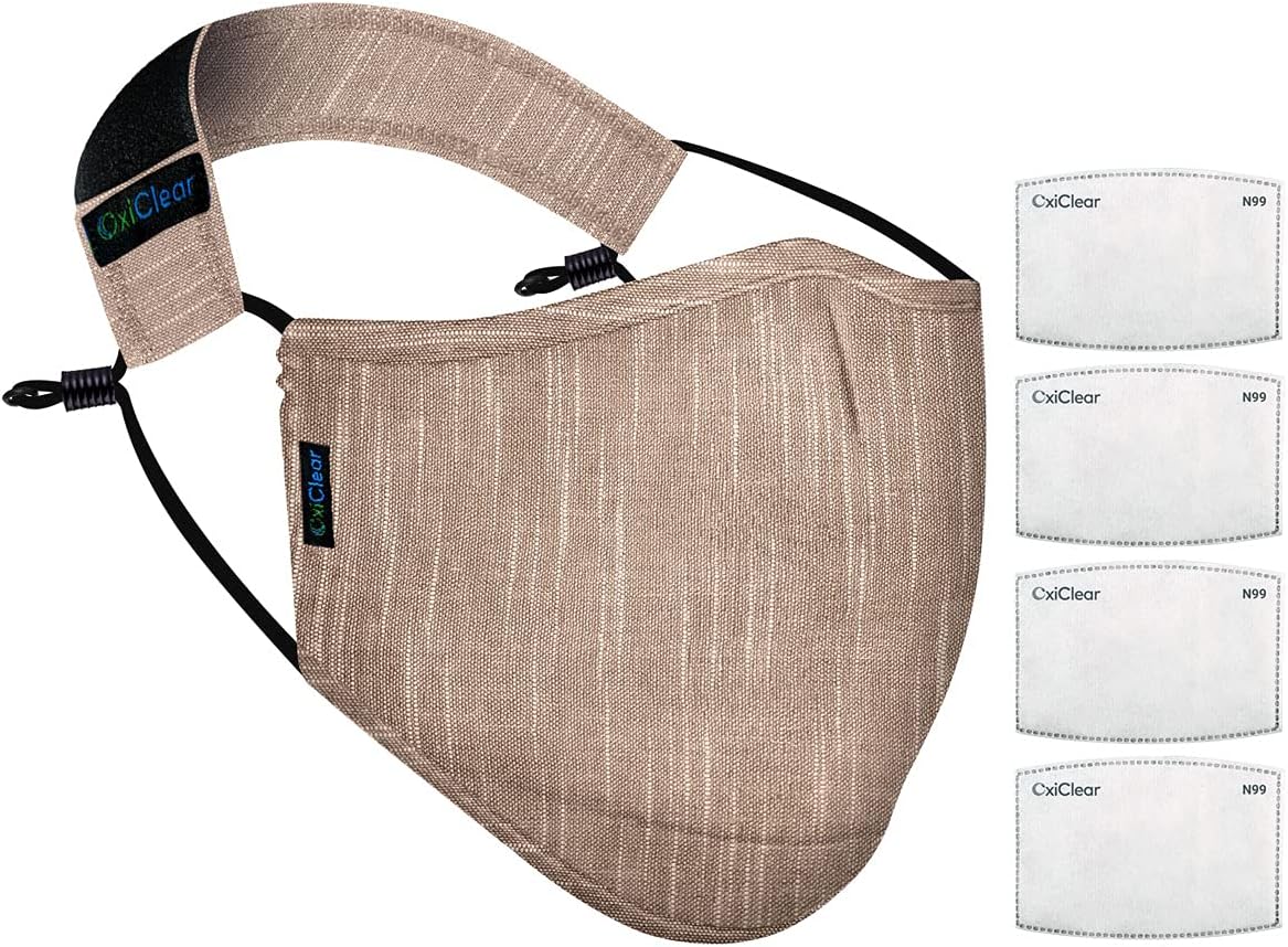 OxiClear N99 Handloom Linen Face Mask with 4 Activate Carbon Filters & Detachable Headband, DRDO Certified