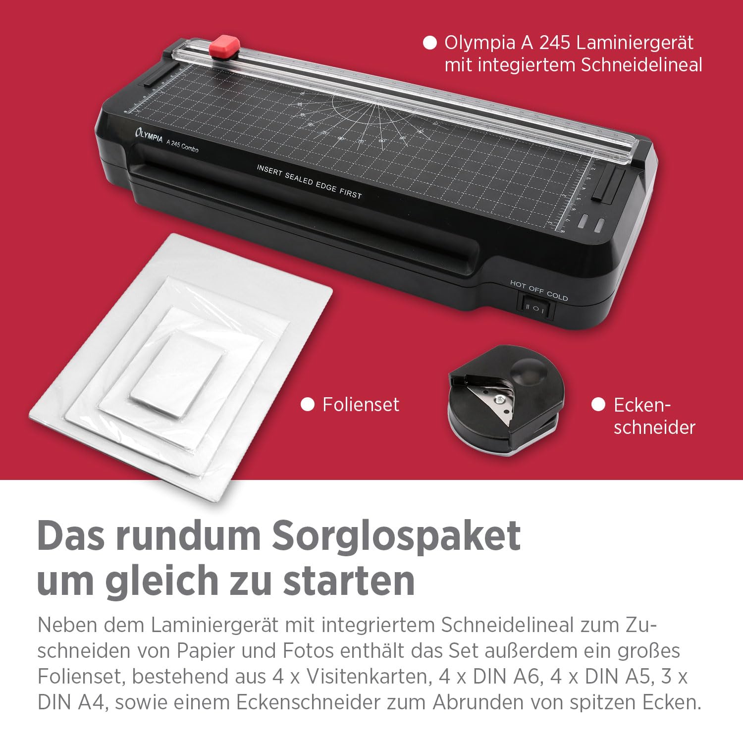 Olympia A 245 Combo 4in1 Laminiergerät | Heiß- & Kaltlaminator | Laminierset für A4 | integriertes Schneidelineal | Laminierfolien-Set & Eckenrunder | Schnelle Aufheizzeit | A4 Dokumentengröße