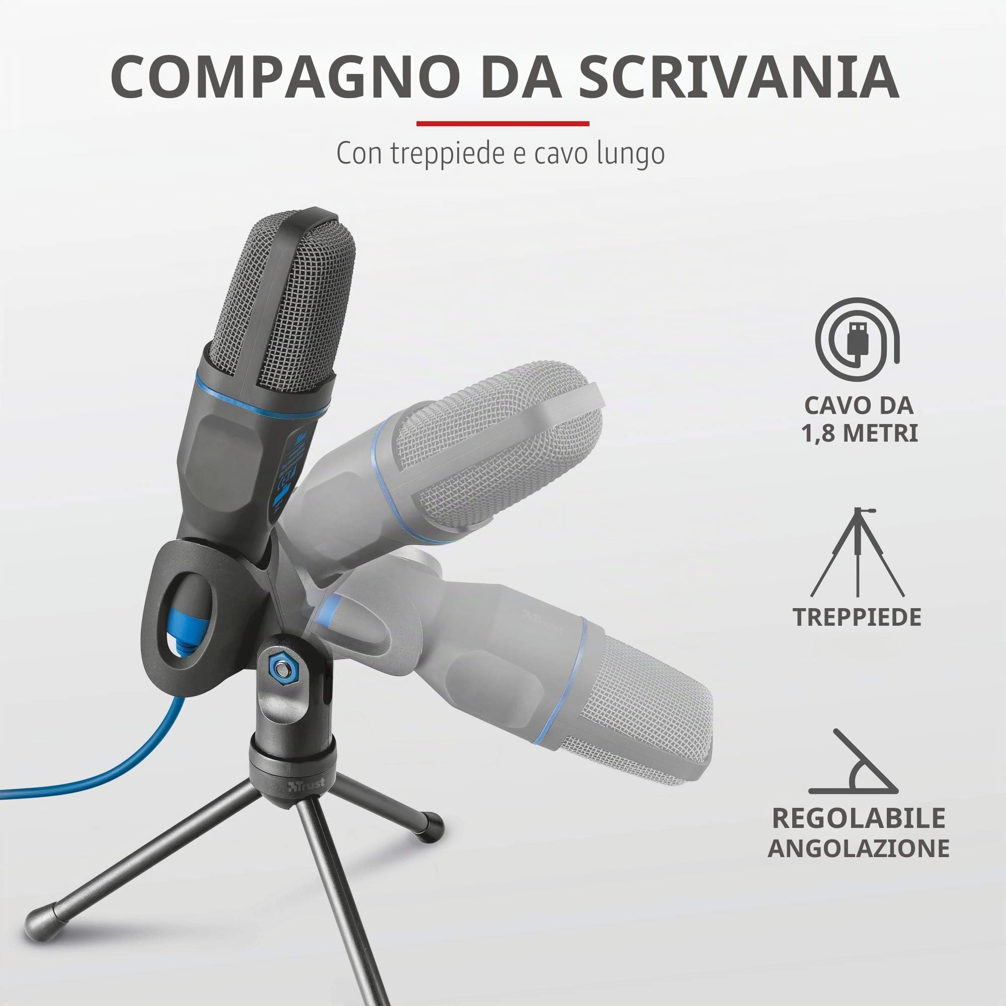 Trust Mico PC Microfono a Condensatore con Supporto, Cavo da 1.80 m, Treppiede, USB Plug & Play, PC/Laptop/Computer, Microfono per Podcasting, Voice, Skype, Teams, Zoom, Twitch, Streaming