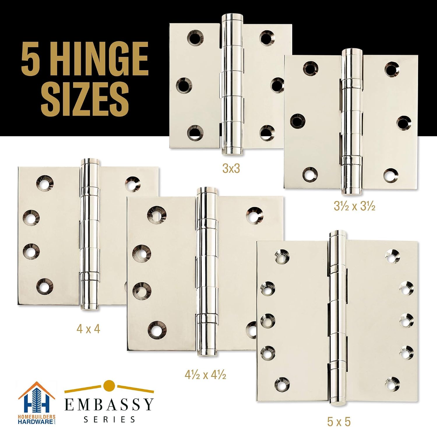 EMBASSY Door Hinge Solid Brass - 3 x 3 Inch, Heavy Duty, Polished Nickel, Rust Resistant Pin, Architectural Designer Grade, Home Improvement, 2 Pack