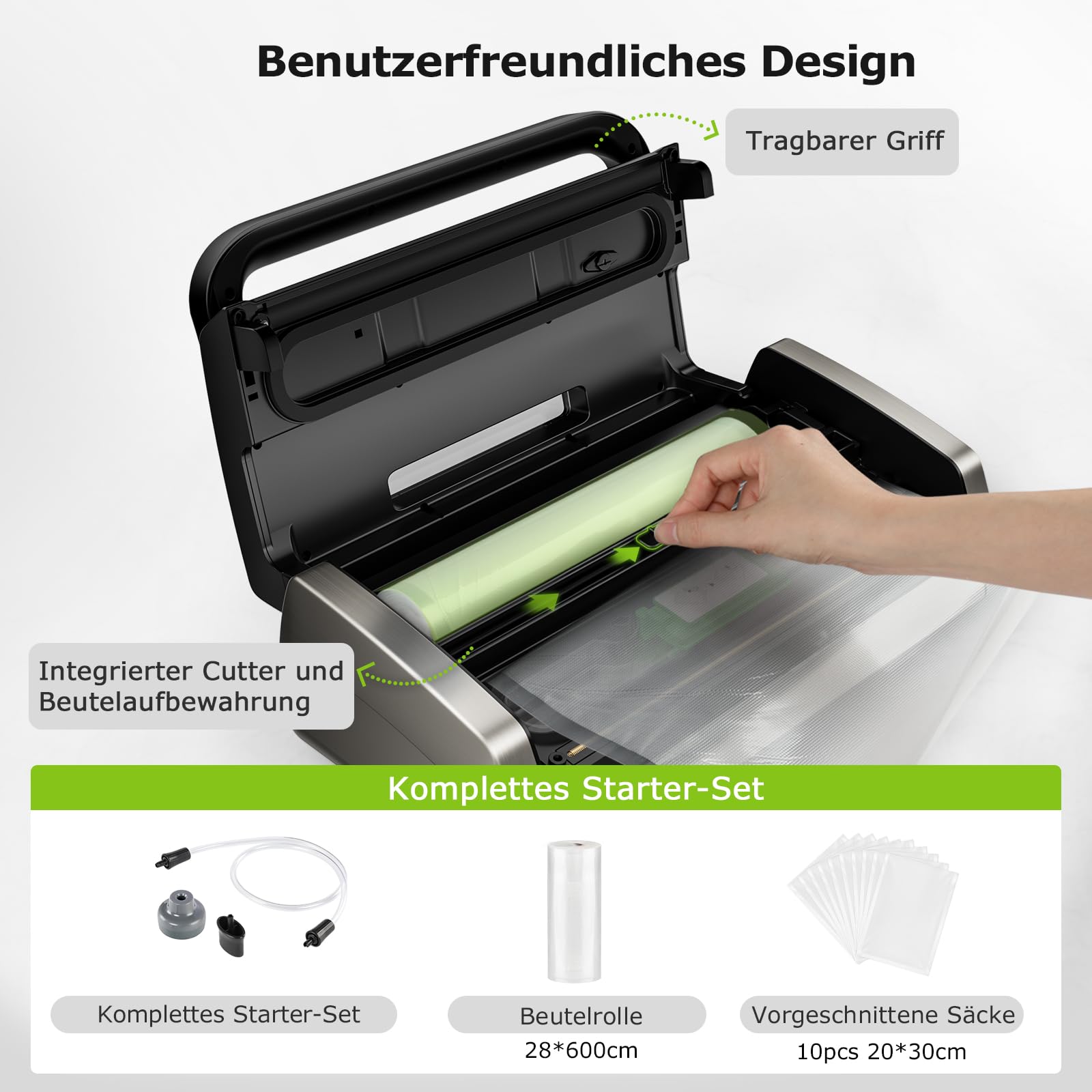 Bonsenkitchen Vakuumiergerät 15L/Min Hochleistung Testsieger Sehr Gut Design mit Griffverriegelung und Integrierter Schneider Schwarz