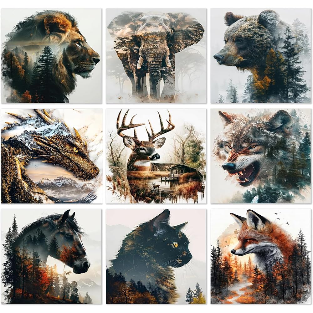 Jakener 9 Pack Diamond Art Kits Adults, 5D Forest Animals Diamond Painting Kit for Adults, DIY Full Round Drill Crystal Gem Art Kits, Home Wall Decor 12x12 Inch
