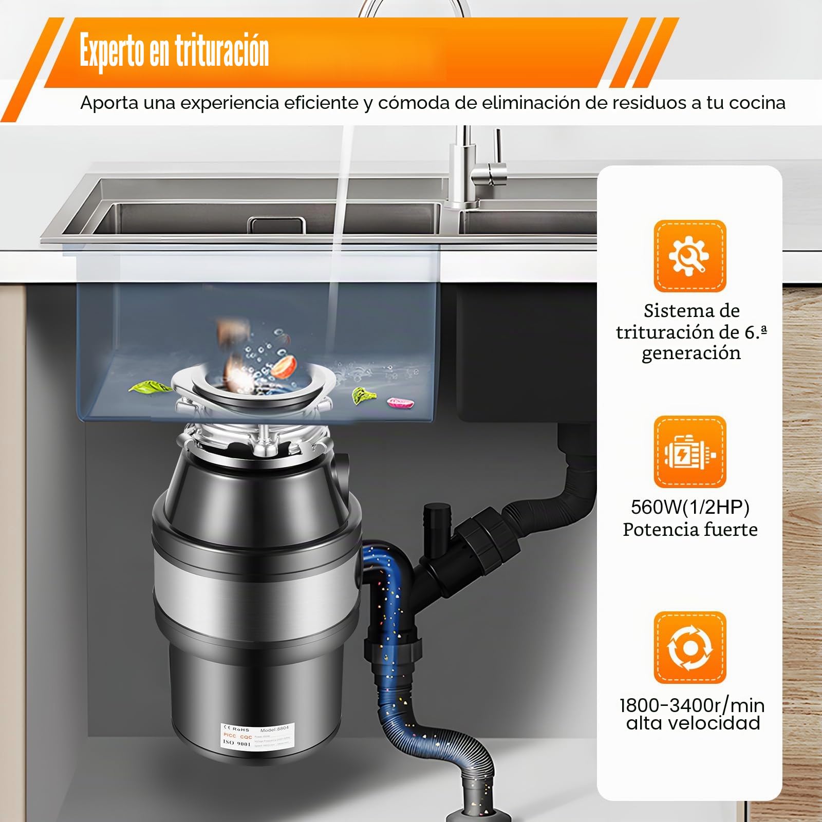 220V 560W Cocina Desechos de Alimentos Trituradora de residuos 1.4L Trituradora de residuos de cocina Trituradora de residuos 0,75 HP Residuos de alimentos Trituradora de residuos domésticos