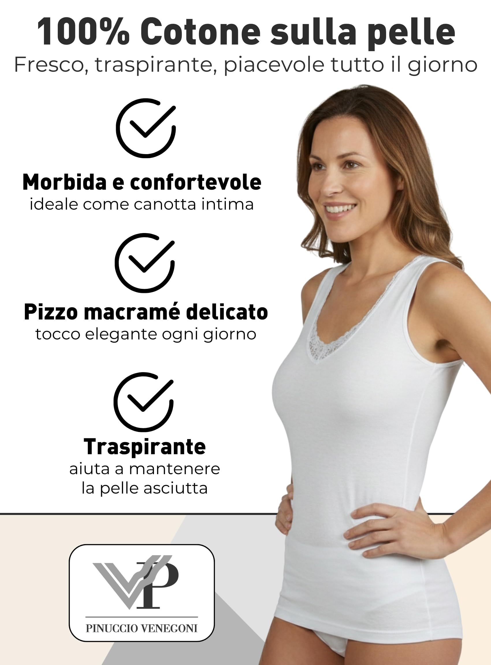 VP PINUCCIO VENEGONI Set 2 canottiere donna Cotone 100% Mercerizzato Spalla Larga | Pizzo macramé, Spalline sottili, Top intimo elegante | Made in Italy