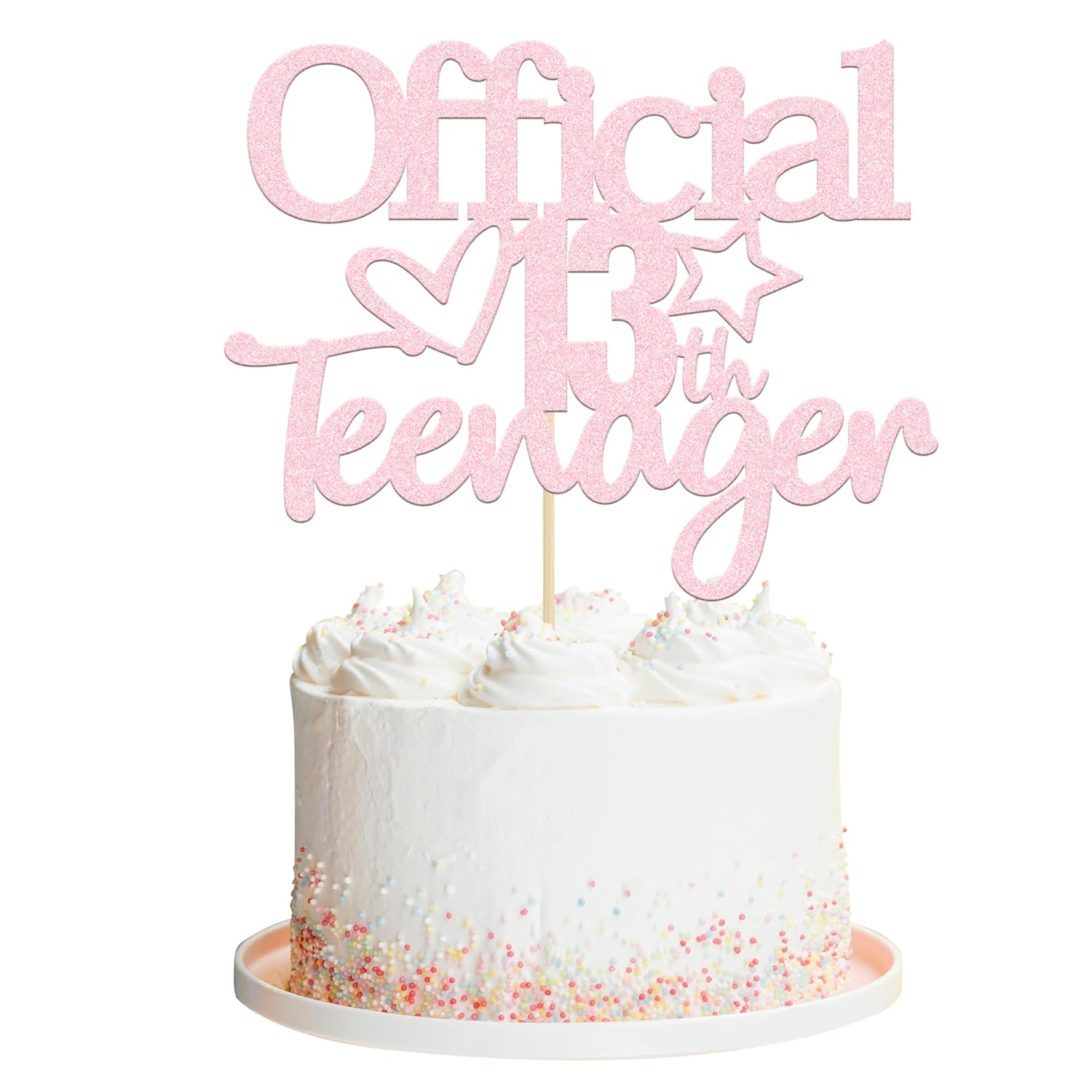 Gyufise Decoración para tartas de 13 años con purpurina rosa claro oficialmente un adolescente, decoración para tartas de cumpleaños de 13 años,