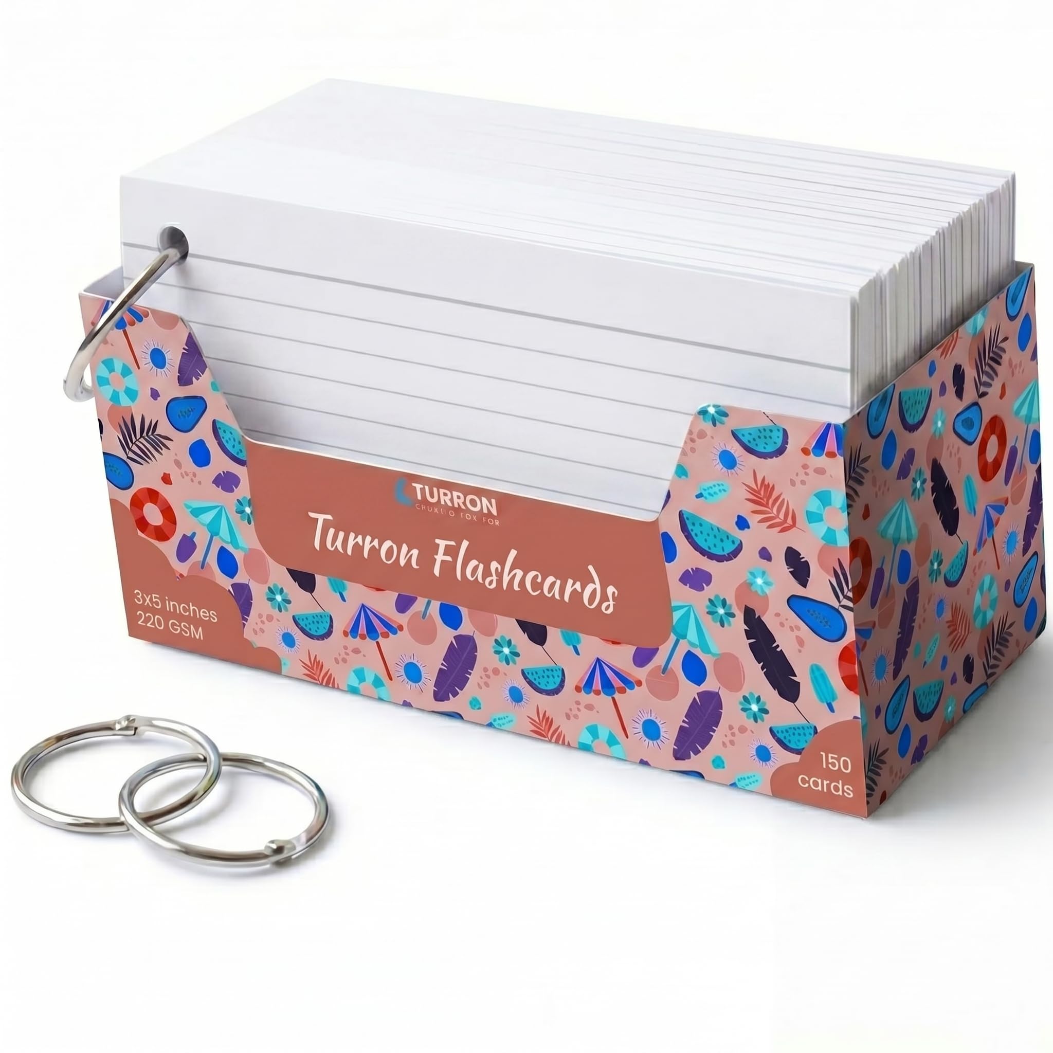 Turron Premium Blank Index Flash Cards | Punched with Binder Rings for Study, Notes & Revision (150, White, 3 x 5 Inch, 2-Side Ruled)