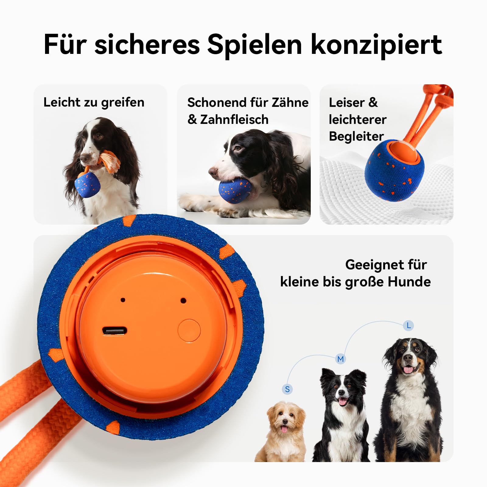 Cheerble Interaktiver Hundeball - Wicked Ball Rolly mit Seil & Bellen, Intelligentes Interaktives Hundespielzeug mit 3 Spielmodi, E-TPU, USB-C aufladbar, Geeignet für kleine bis große Hunde, Blau