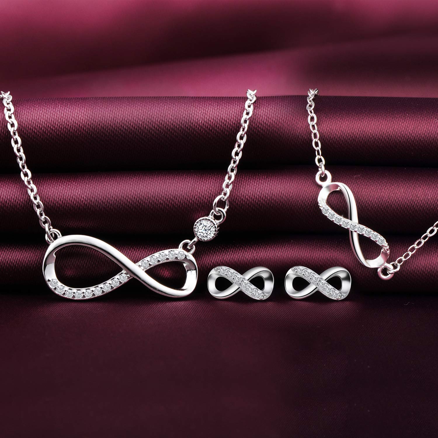 Juego de joyas de plata de ley 925, símbolo de infinito, collar, pulsera y pendientes, símbolo de infinito, circonitas, joyas para mujeres, niñas, Navidad, cumpleaños, regalo de plata, plata de ley,