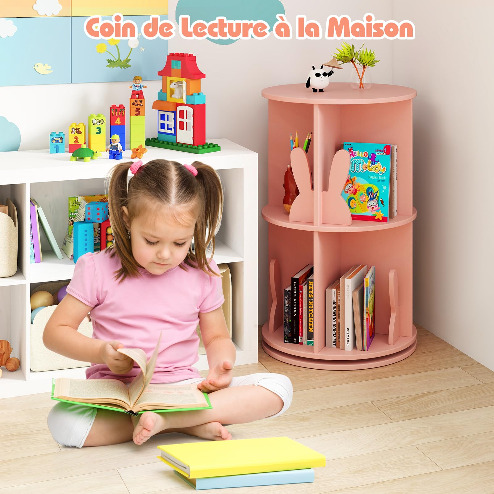 GOPLUS Bibliothèque Enfant, 65CM Bibliothèque à 2 Niveaux avec Serre-Livres Lapin/Ourson, 8 Compartiments, Étagère à Livres Pivotante à 360°, pour Chambre d'enfant, Salle de Jeux (Rose)