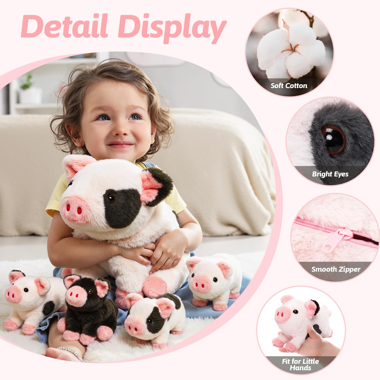 OUOZZZ Pig Teddy - Spotted Pig Soft Toy with 4 Baby Pigs, Cute Farm Animal Gift for Kids, 23 centimeters - Image 4