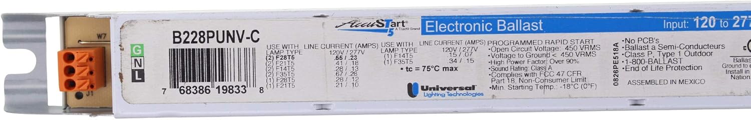 Universal 19831 B228PUNV-C Electronic Fluorescent Ballast, 2 Lamp, 28W T5, 120/277V