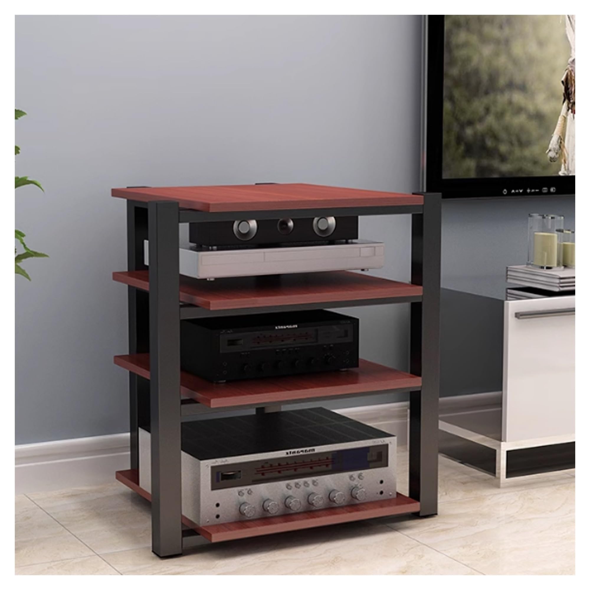 Generisch Stojak na media AV – regał na sprzęt audio/wideo, organizer na sprzęt stereo, regał na płyty CD do domu, biura, studia nagrań i kina domowego – nowoczesne drewno orzecha włoskiego (70 x 55 x