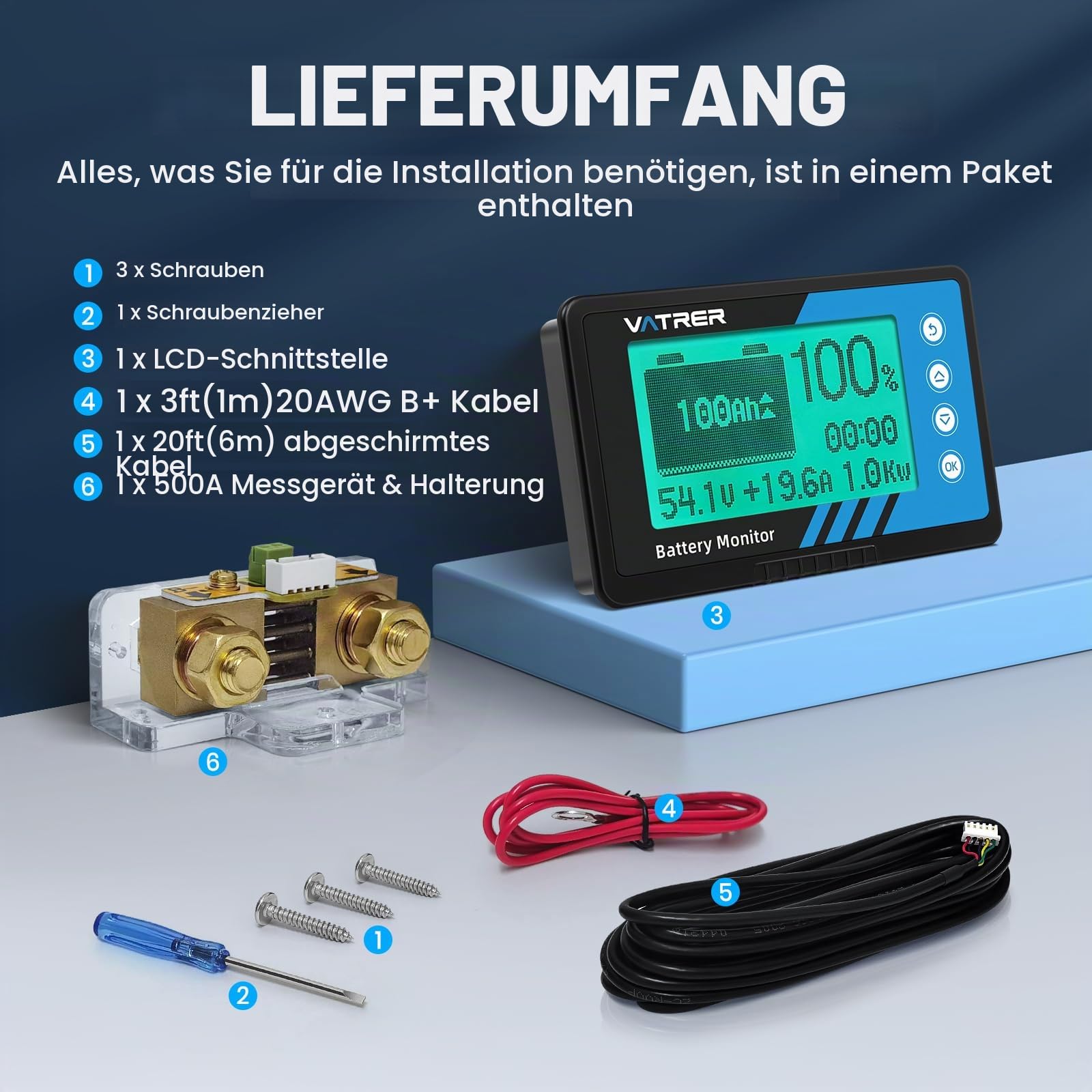 VATRER POWER 500A Batteriemonitor mit Shunt für 8–120V Batterien | 500A Shunt · LCD mit Hintergrundbeleuchtung · Summeralarm · Für LiFePO4 & Blei-Säure