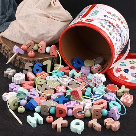 Amazon 紐通しおもちゃ 積み木 キッズ 木製おもちゃ 指先訓練 パズル ビーズ 知育玩具 子供 幼児用 プレゼント 女の子 男の子 80個セット 収納ケース付き 算数 英語 色認識 3歳 4歳 5歳 6歳 おもちゃ おもちゃ