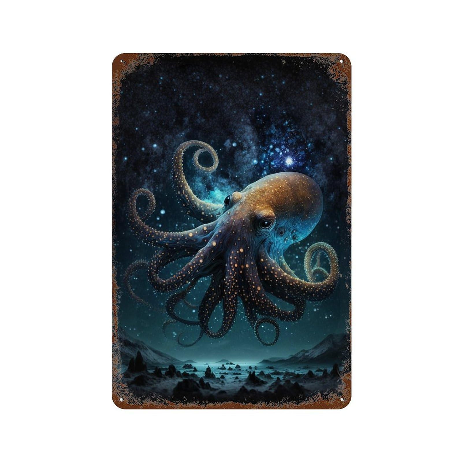 Distressed Metal Wall Sign with Galactic Octopus Majesty Design 11.8"x7.9", for Cafe, Home Bar And Lounge Decor, Retro Wall Decor