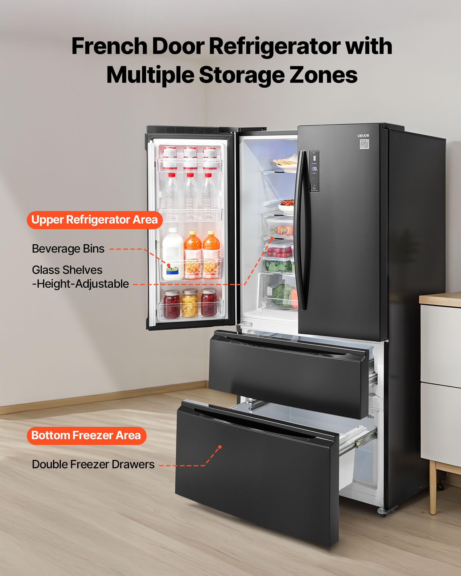 VEVOR French Door Refrigerator, 18.9 Cu. Ft. Kitchen Fridge, Counter Depth French Refrigerator with LED Display and 4 Casters, Frost-Free Bottom Freezer Refrigerators for Home & Commercial Use, Black on Fridge.com